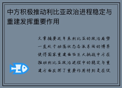 中方积极推动利比亚政治进程稳定与重建发挥重要作用